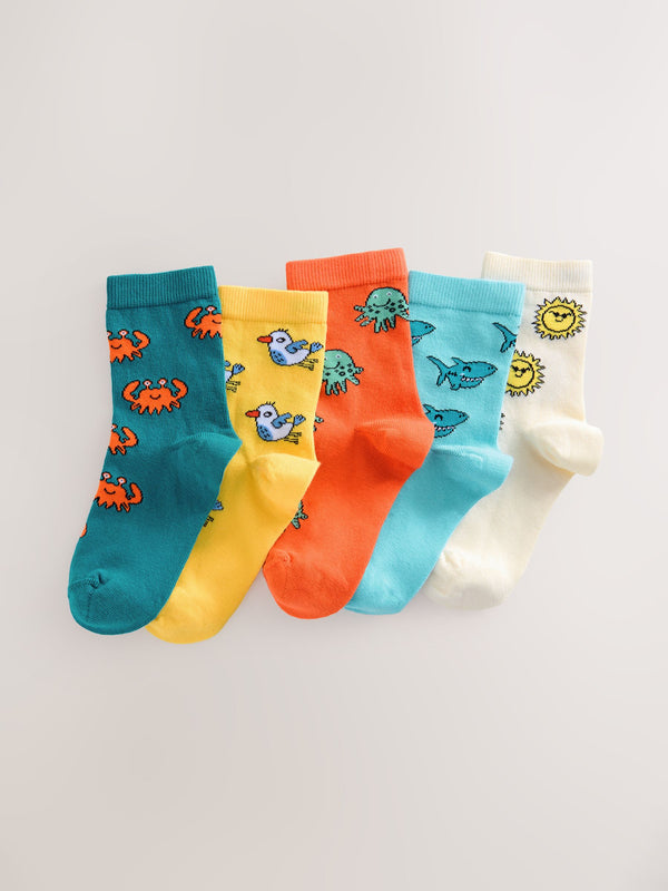 Red/Navy/Yellow Sea Animal Print Rich Socks 5 Pack