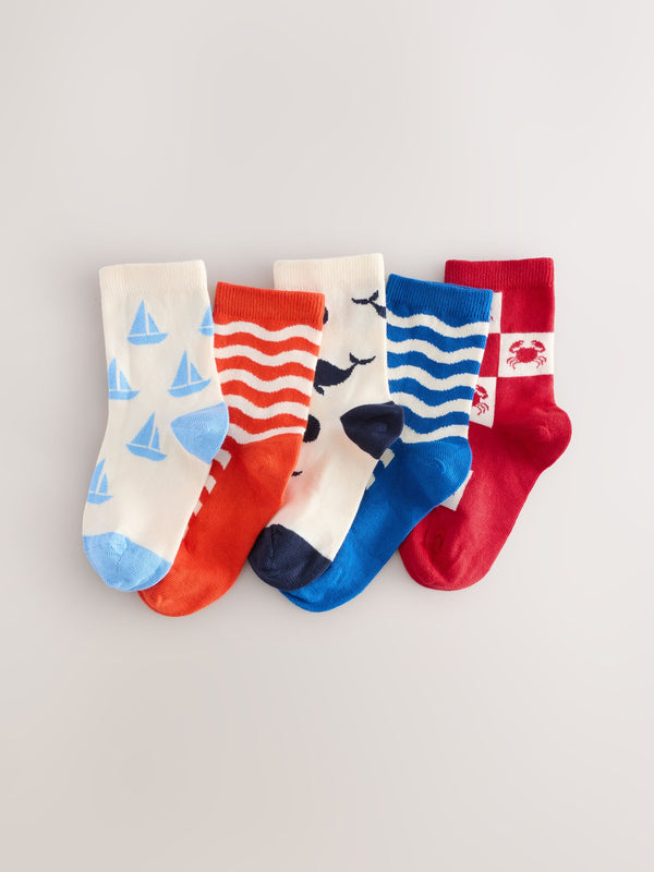 Navy/Red/Ecru Nautical Print Rich Socks 5 Pack