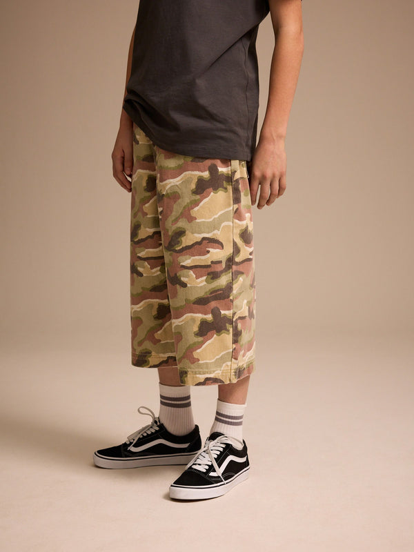 Green/Brown Camoflage Extra Long Jort 100% Cotton Denim Shorts (3-16yrs)