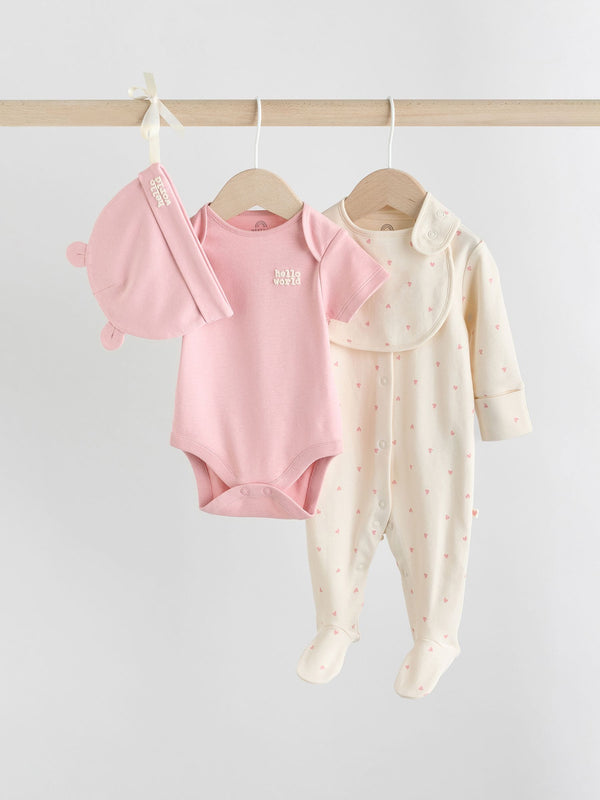 Pink Baby Sleepsuit, Bodysuit, Beanie and Bib Set 4 Piece (0-9mths)
