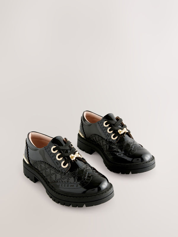 Baker by Ted Baker Girls Back to School Chunky Patent Black Brogue Shoes with Bow
