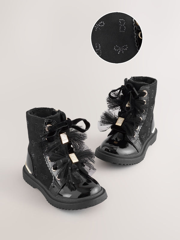 Baker by Ted Baker Girls Black Diamanté Lace-Up Boots with Bow