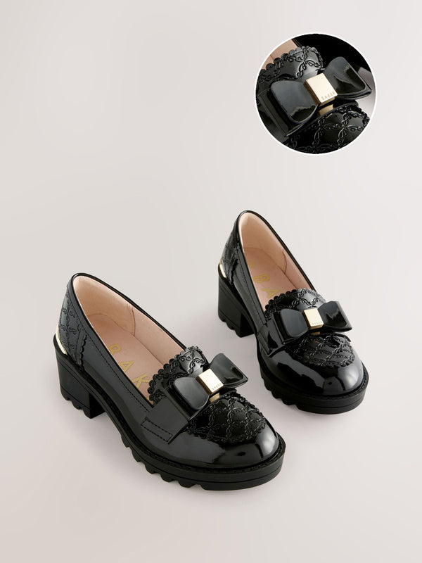 Baker by Ted Baker Girls Back to School Patent Heeled Black Loafer Shoes with Bow