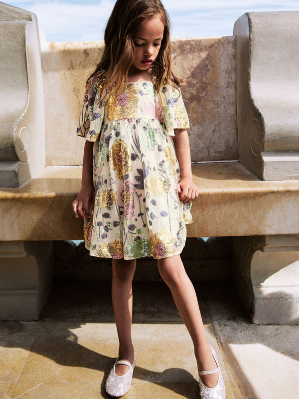 Multi Sequin Flower Print Angel Sleeve Dress (3-16yrs)