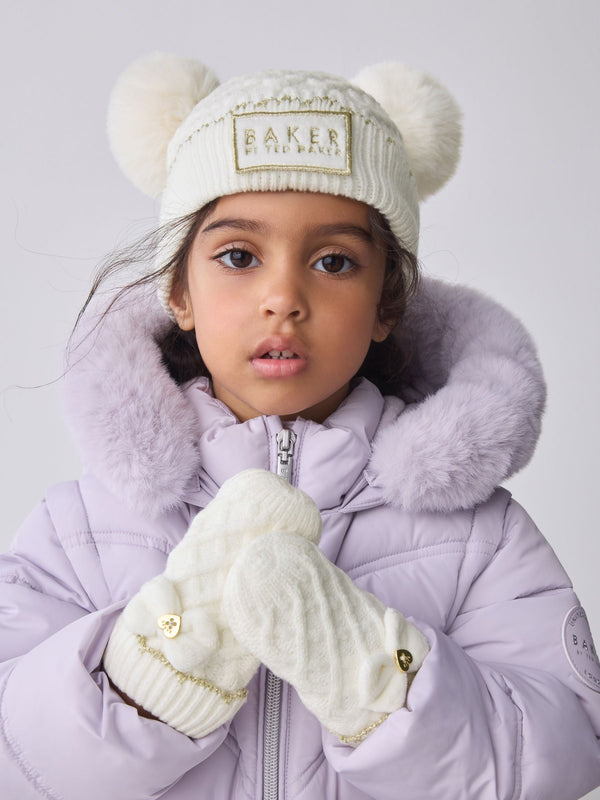 Baker By Ted Baker Girls Double Pom Eared Hat and Mittens Set