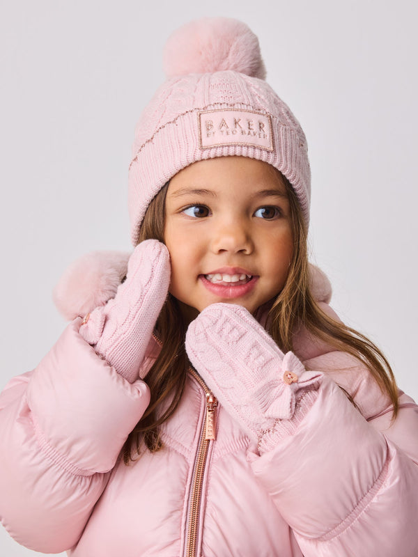 Baker by Ted Baker Girls Pink Cable Knit Beanie and Mittens Set