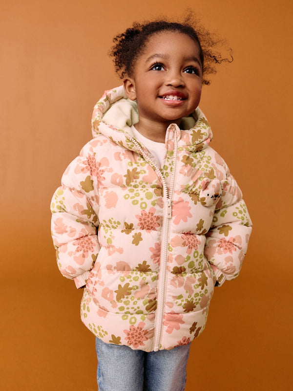 Pink Floral Shower Resistant Fleece Lined Hooded Padded Coat (3mths-7yrs)