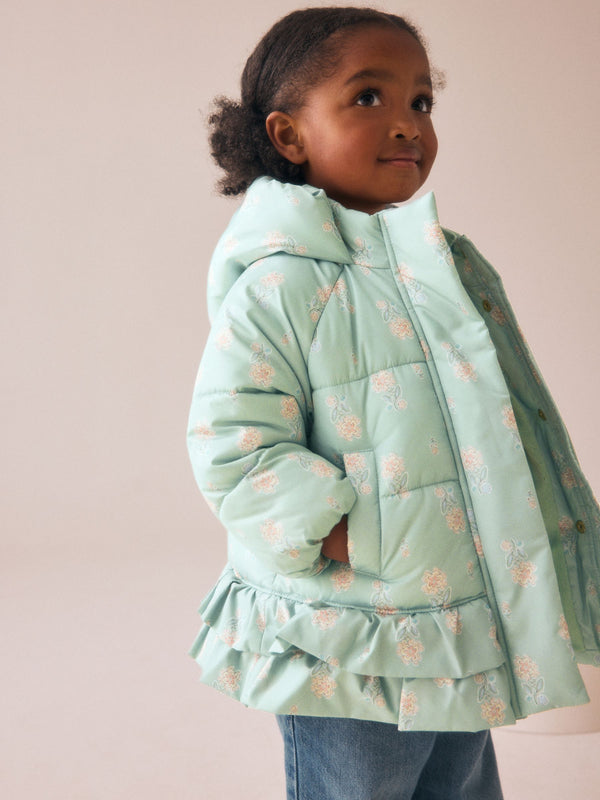 Sage Green Shower Resistant Padded Coat With Frill Hem (3mths-7yrs)