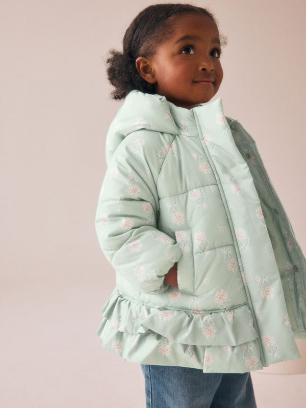 Sage Green Shower Resistant Padded Coat With Frill Hem (3mths-7yrs)