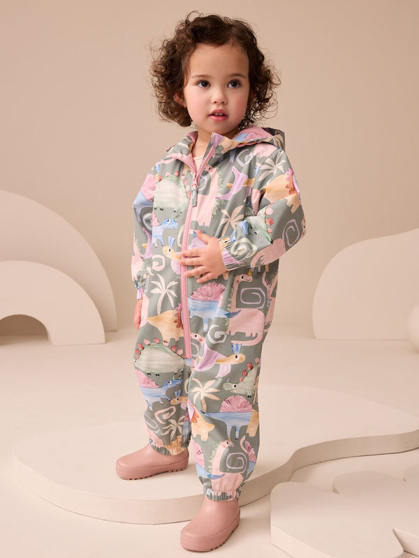 Khaki 3D Dino Waterproof Printed Puddlesuit (3mths-7yrs)