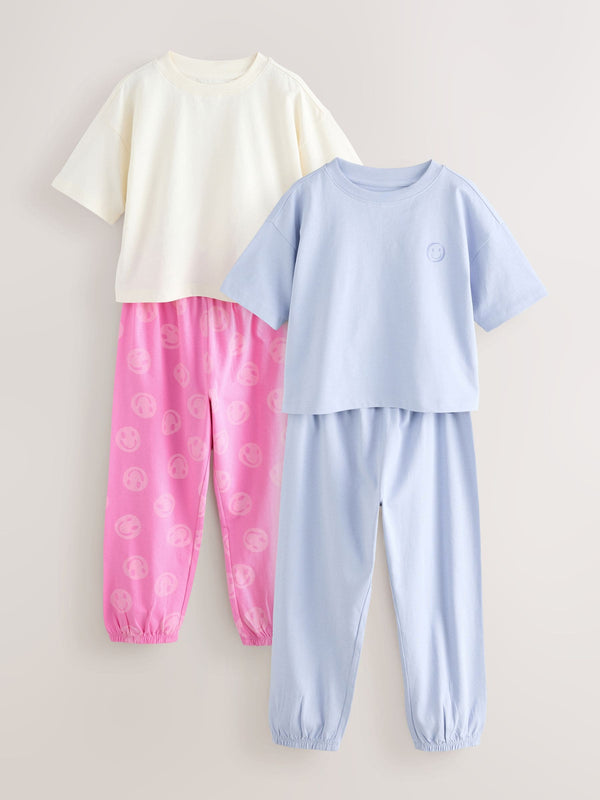 Pink/Blue Happy Face Joggers Pyjamas 2 Pack (3-16yrs)
