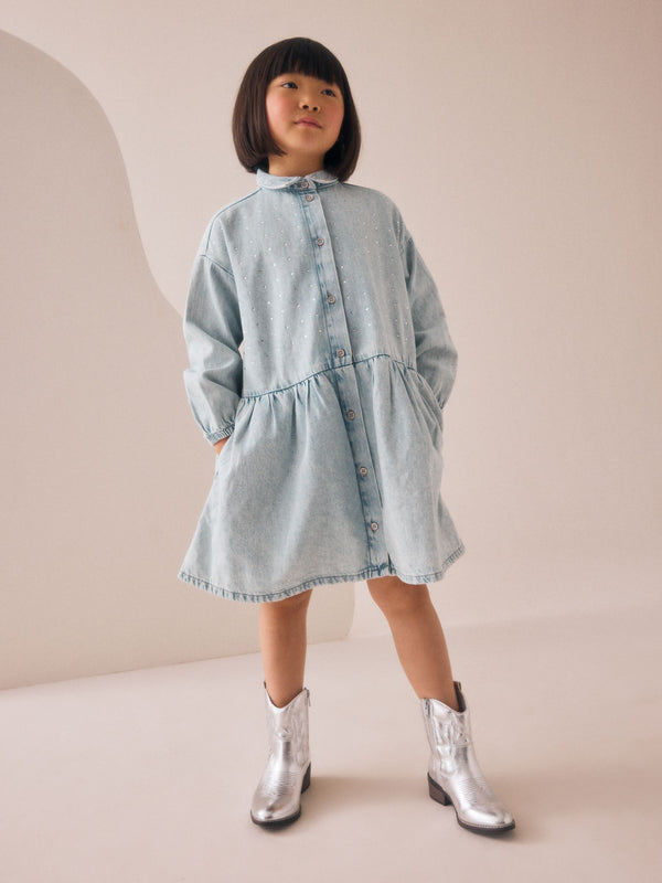 Pale Wash Denim Diamante Shirt Dress (3-16yrs)