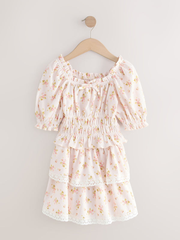 Pink Textured Floral Shirred Bardot Top & Skirt Set (3-16yrs)