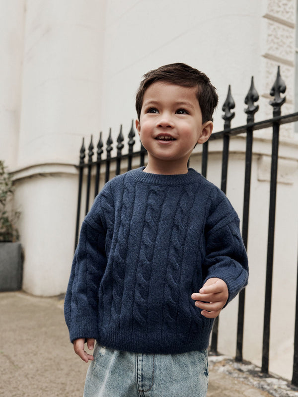 Navy Blue Cable Knit Crew Neck Jumper (3mths-7yrs)