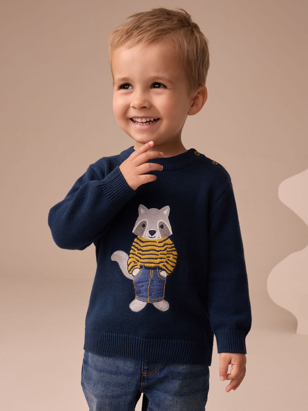 Navy Blue Raccoon Knitted Jumper (3mths-7yrs)