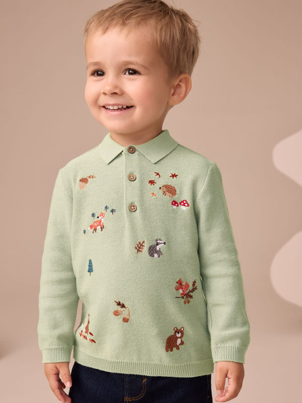 Sage Green All-Over Embroidered Knitted Polo Shirt (3mths-7yrs)