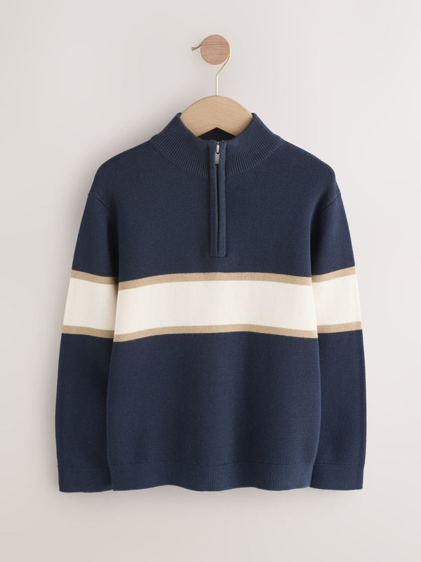 Navy Blue Colourblock Zip Neck Knitted Jumper (3-16yrs)