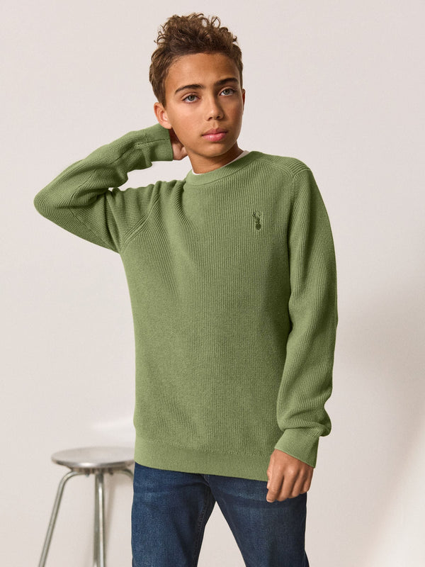 Green With Stag Cotton Crew Neck Knitted Jumper (3-16yrs)
