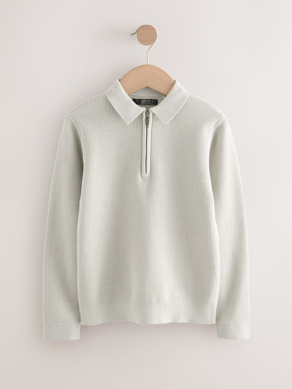 Grey Long Sleeve Zip Neck Knitted Polo Shirt (3-16yrs)