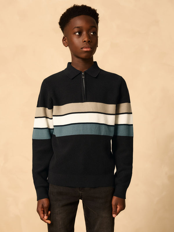Black Stripe Long Sleeve Zip Neck Knitted Polo Shirt (3-16yrs)