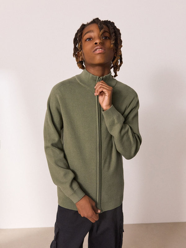 Khaki Green Zip Through Knitted Cardigan (3-16yrs)