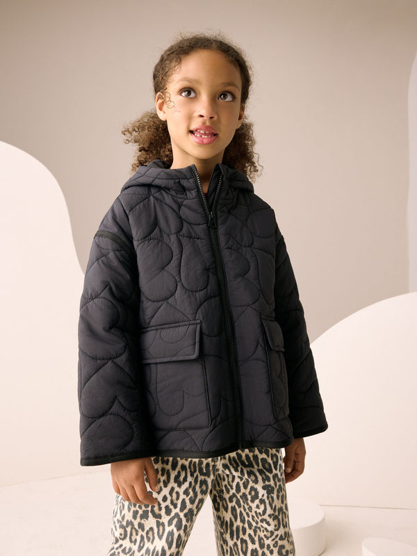 Black Shower Resistant Heart Quilt Padded Jacket (3-16yrs)