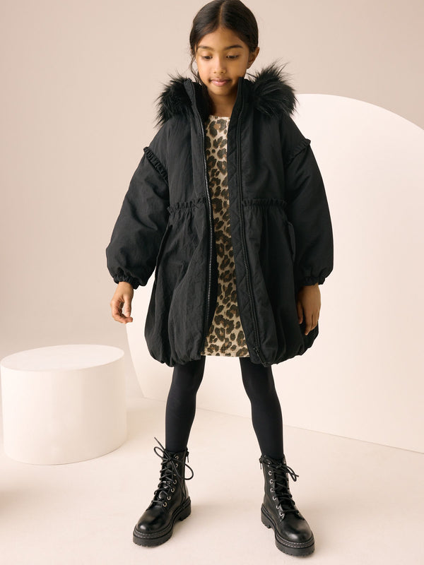 Black Shower Resistant Puffball Hem Wadded Coat (3-16yrs)