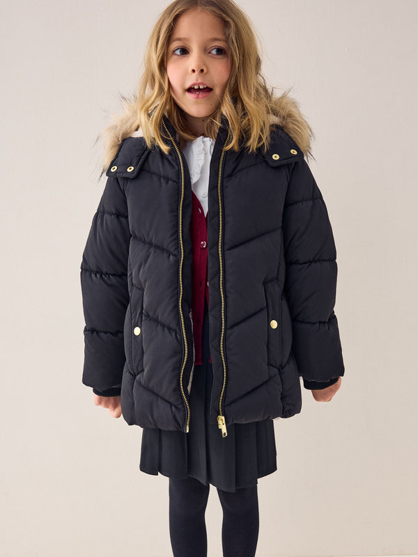 Black Shower Resistant Faux Fur Trim Padded Coat (3-16yrs)