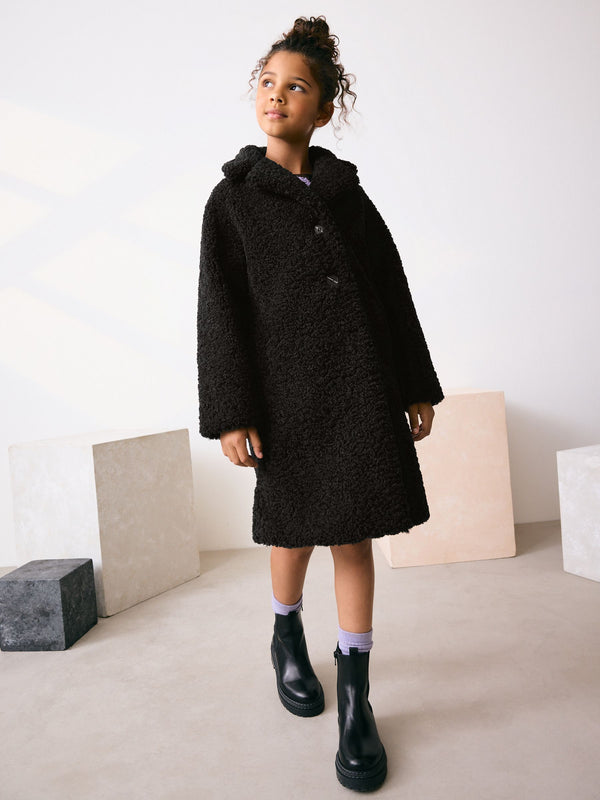 Black Longline Teddy Borg Fleece Coat (3-16yrs)