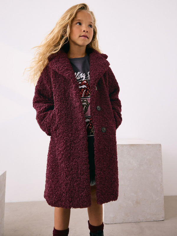 Berry Red Longline Teddy Borg Fleece Coat (3-16yrs)