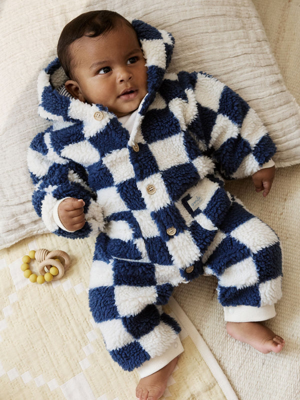 Blue Checkerboard Borg Hooded Baby Pramsuit (0mths-2yrs)