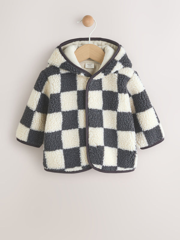 Charcoal Grey Checkerboard Baby Hooded Borg Jacket (0-18mths)