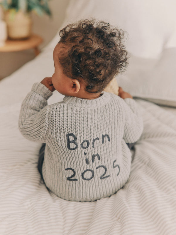 Grey Born In 2025 Baby Knitted 100% Cotton Cardigan