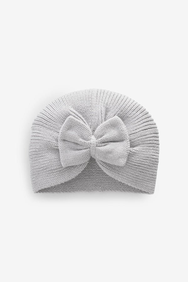 Grey Baby Knitted Bow 100% Cotton Turban Hat (0mths-3yrs)