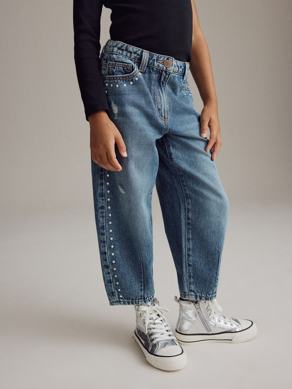 Mid Blue Denim Stud Embellished Barrel 100% Cotton Jeans (3-16yrs)