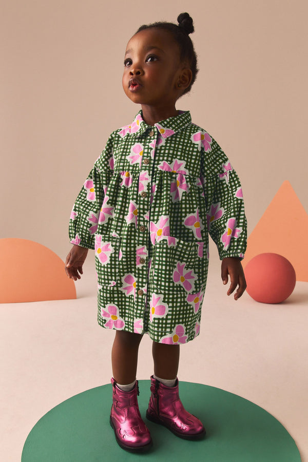 Pink/Green Bow Print 100% Cotton Shirt Dress (3mths-8yrs)