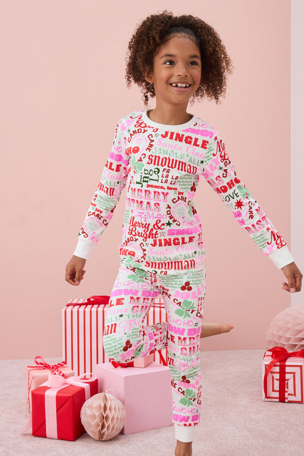 White/Pink Typography 100% Cotton Christmas Jogger Pyjamas (9mths-16yrs)