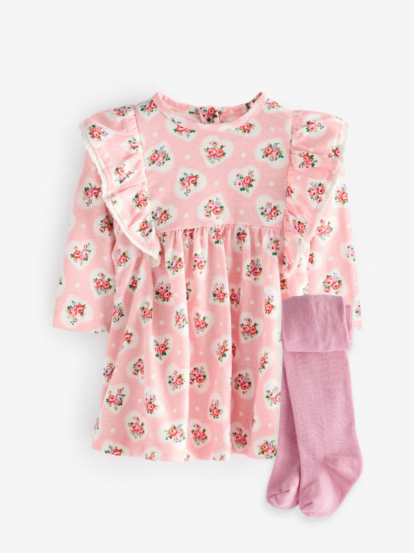 Cath Kidston Pink Floral Baby Jersey 100% Cotton Dress with Tights