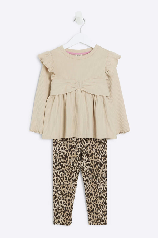 River Island Brown Girls Long Sleeve Bow Rib Peplum Set