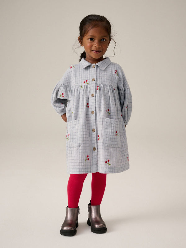 Grey Cherry 100% Cotton Shirt Dress And Tights Set (3mths-8yrs)