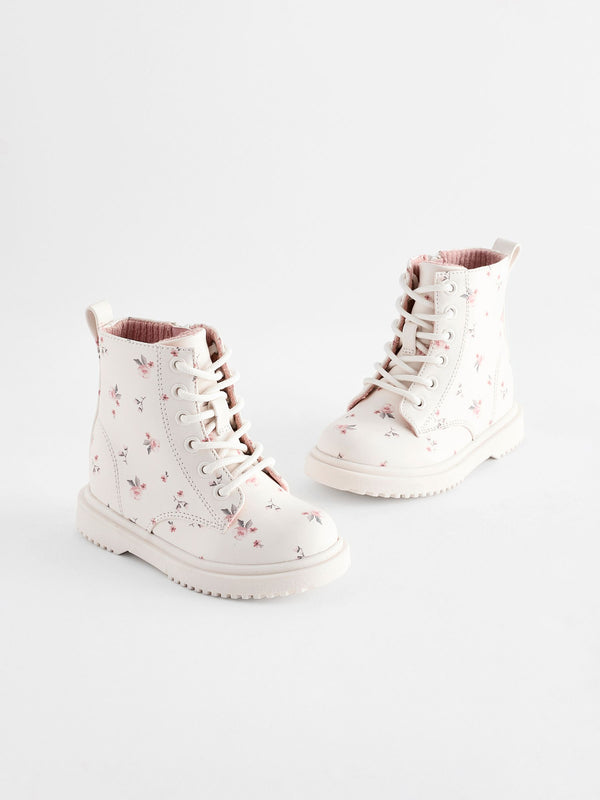 Neutral White Standard Fit (F) Floral Lace Up Ankle Boots