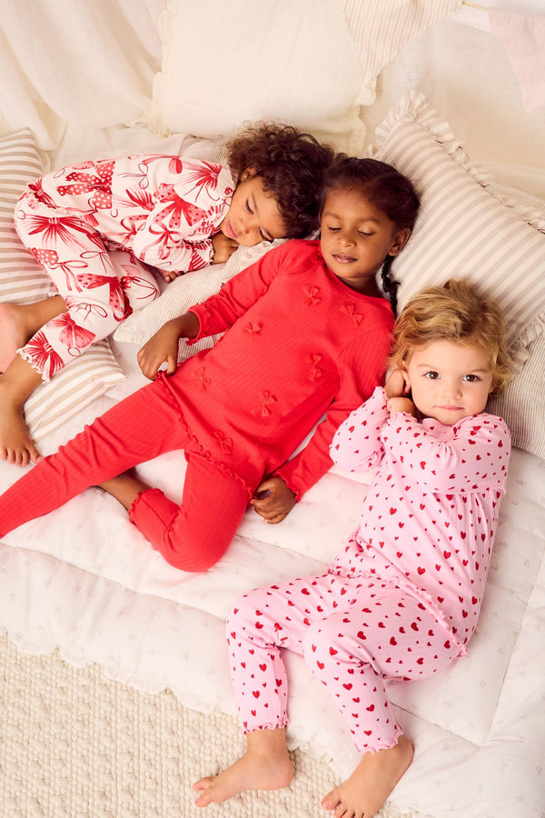 Red Bow/ Heart 100% Cotton Long Sleeve Snuggle Pyjamas 3 Pack (9mths-16yrs)