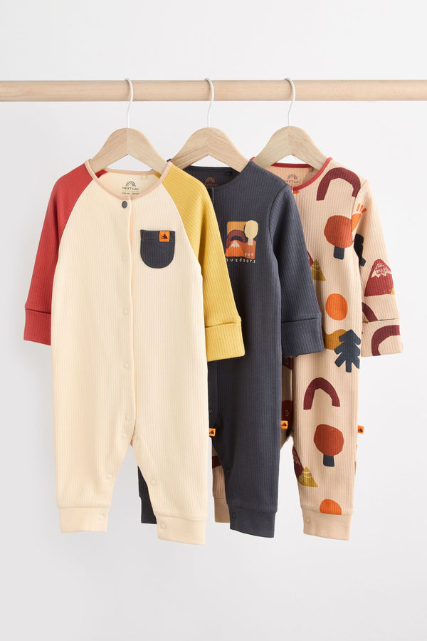 Brown/Khaki Baby Patterned Printed 100% Cotton Sleepsuits 3 Pack (0mths-3yrs)