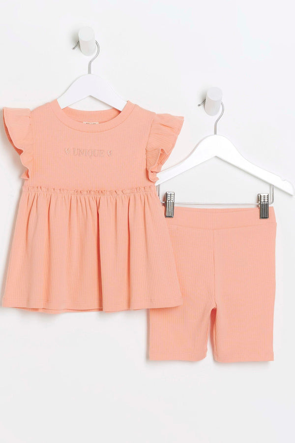 Pink River Island Girls Rib Peplum Top and Short Set