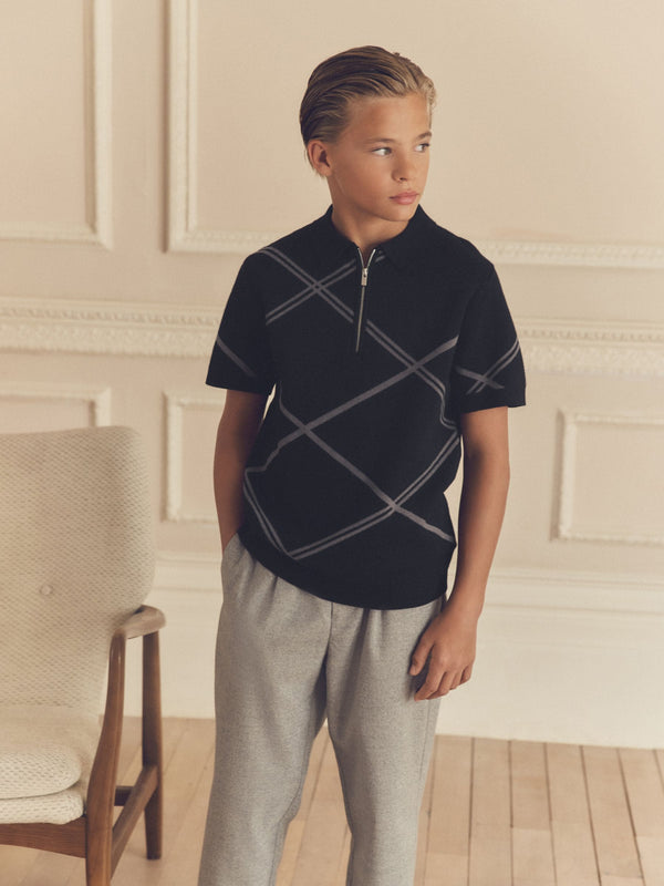 Black Argyle Knitted Zip Neck Polo Shirt (3-16yrs)