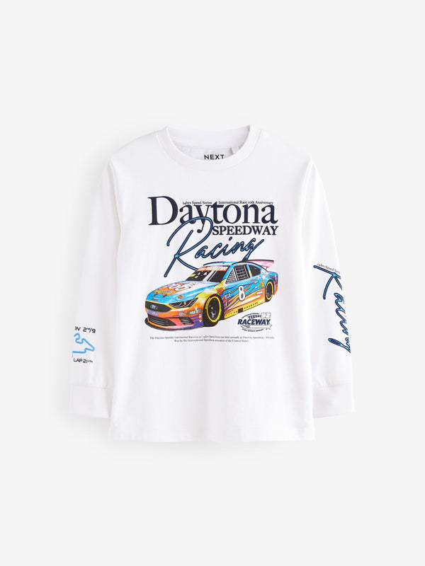 White Racing Car Relaxed Fit Long Sleeve Graphic Print 100% Cotton T-Shirt (3-16yrs)