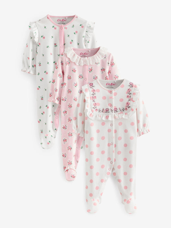 Pink Cath Kidston Floral Baby 100% Cotton Sleepsuits 3 Pack