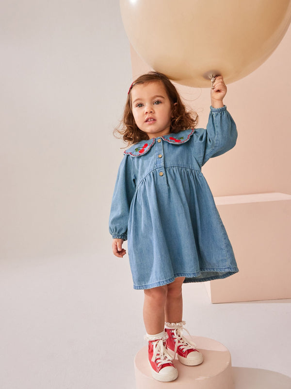 Blue Denim Cherry Embroidered Collar 100% Cotton Dress (3mths-8yrs)