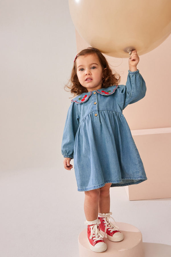 Blue Denim Cherry Embroidered Collar Dress (3mths-8yrs)