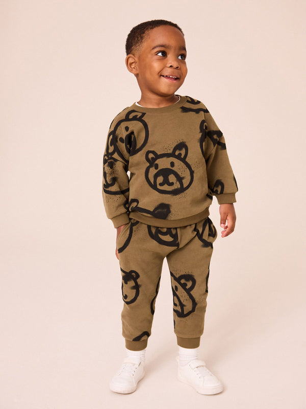 Khaki Green Spray Bears All-Over Print Character Sweatshirt and Joggers Set(immediate)